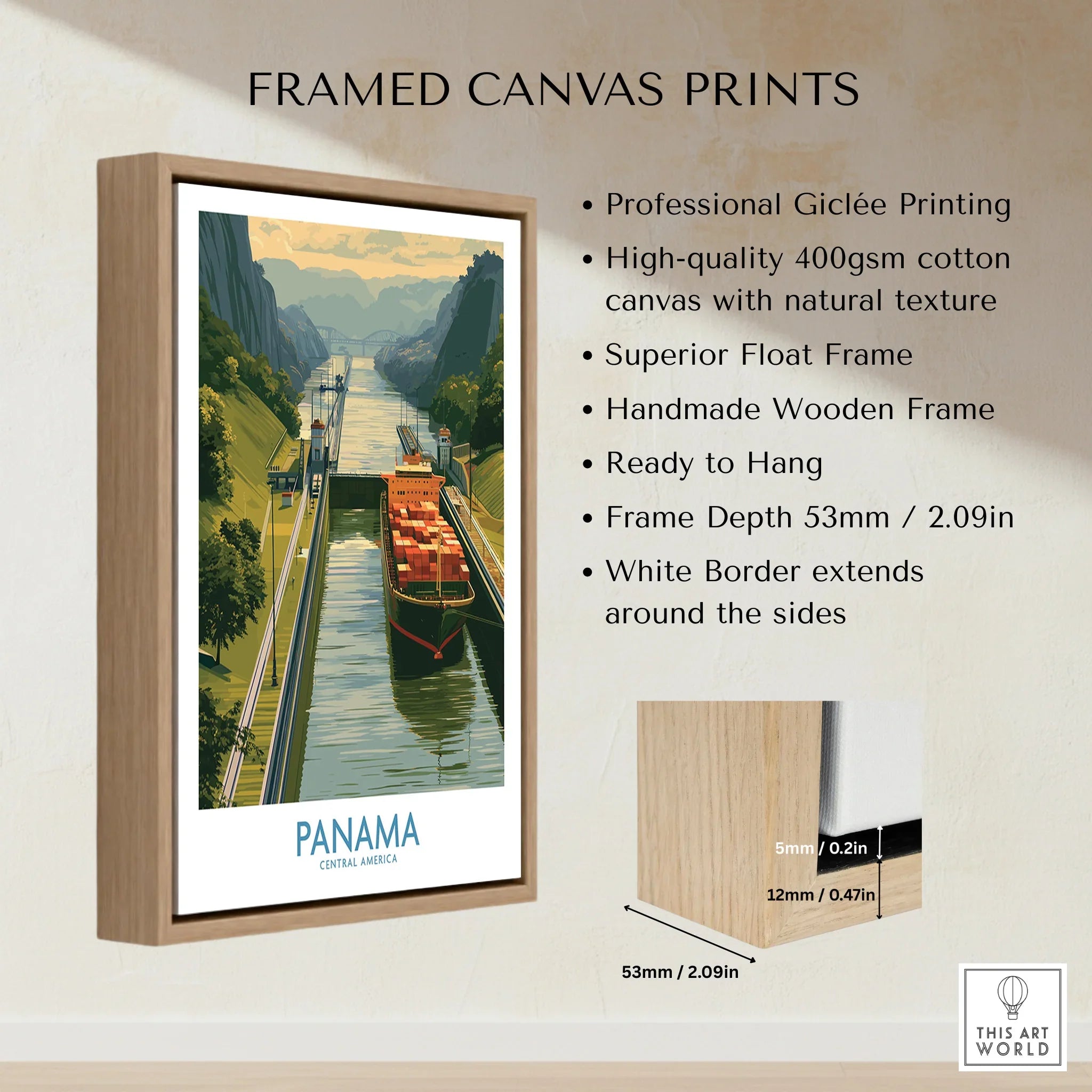 Framed Panama Canal travel poster with cargo ship, lush greenery, and wooden float frame for home decor