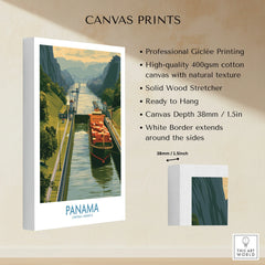 Panama Canal travel poster with cargo ship, lush greenery, and mountain views for home decor
