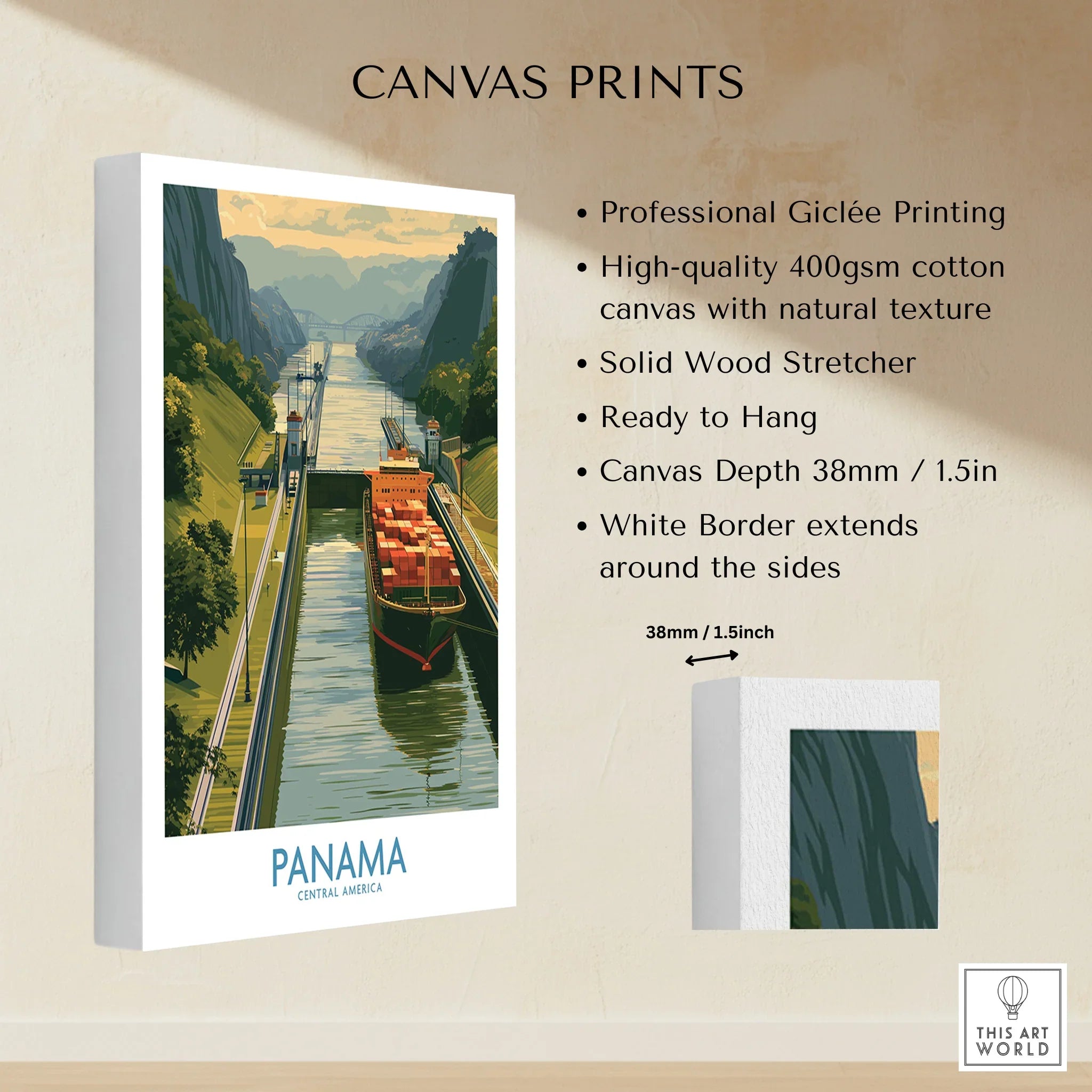 Panama Canal travel poster with cargo ship, lush greenery, and mountain views for home decor