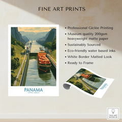 Panama Canal travel poster with cargo ship, lush greenery, and mountain views for home decor
