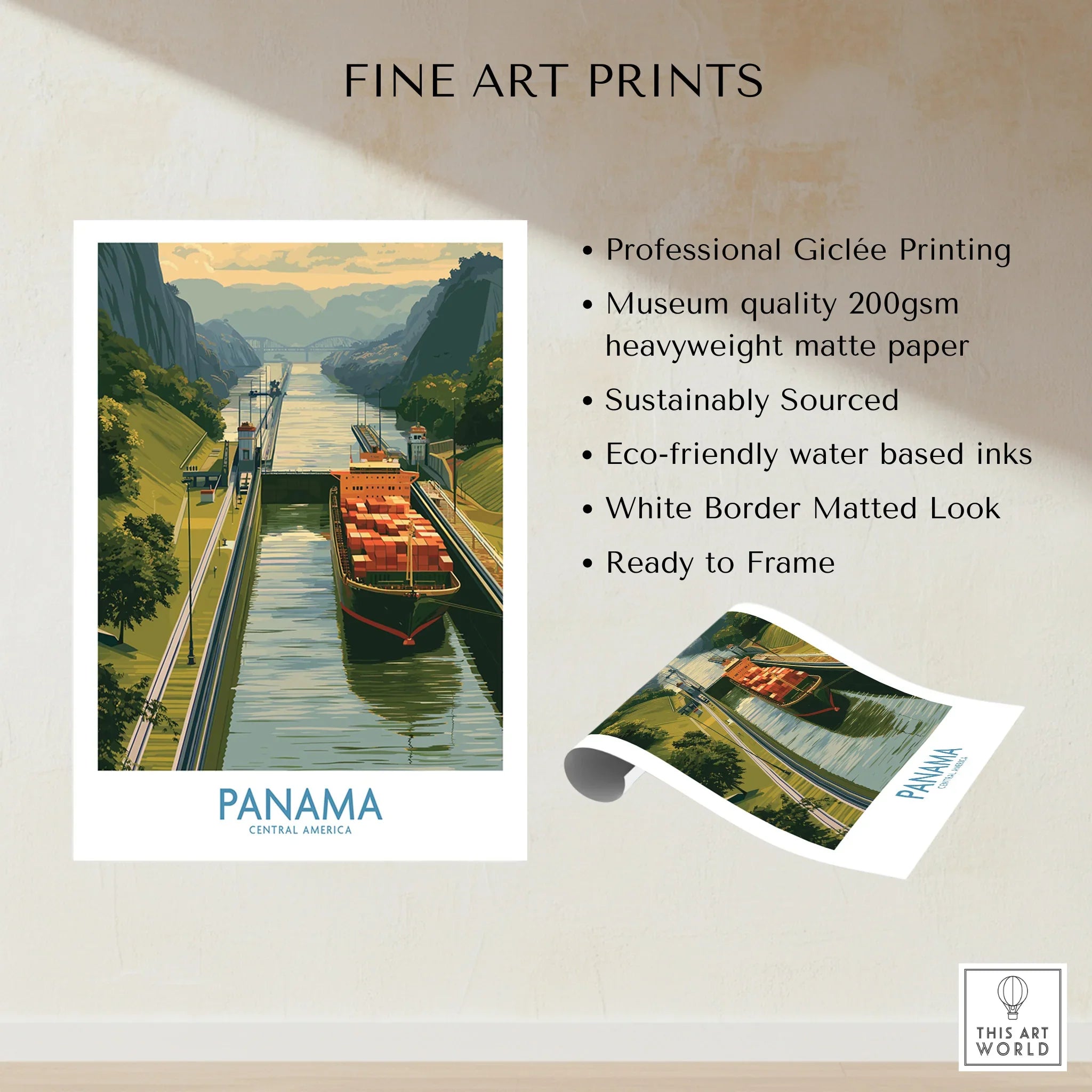 Panama Canal travel poster with cargo ship, lush greenery, and mountain views for home decor