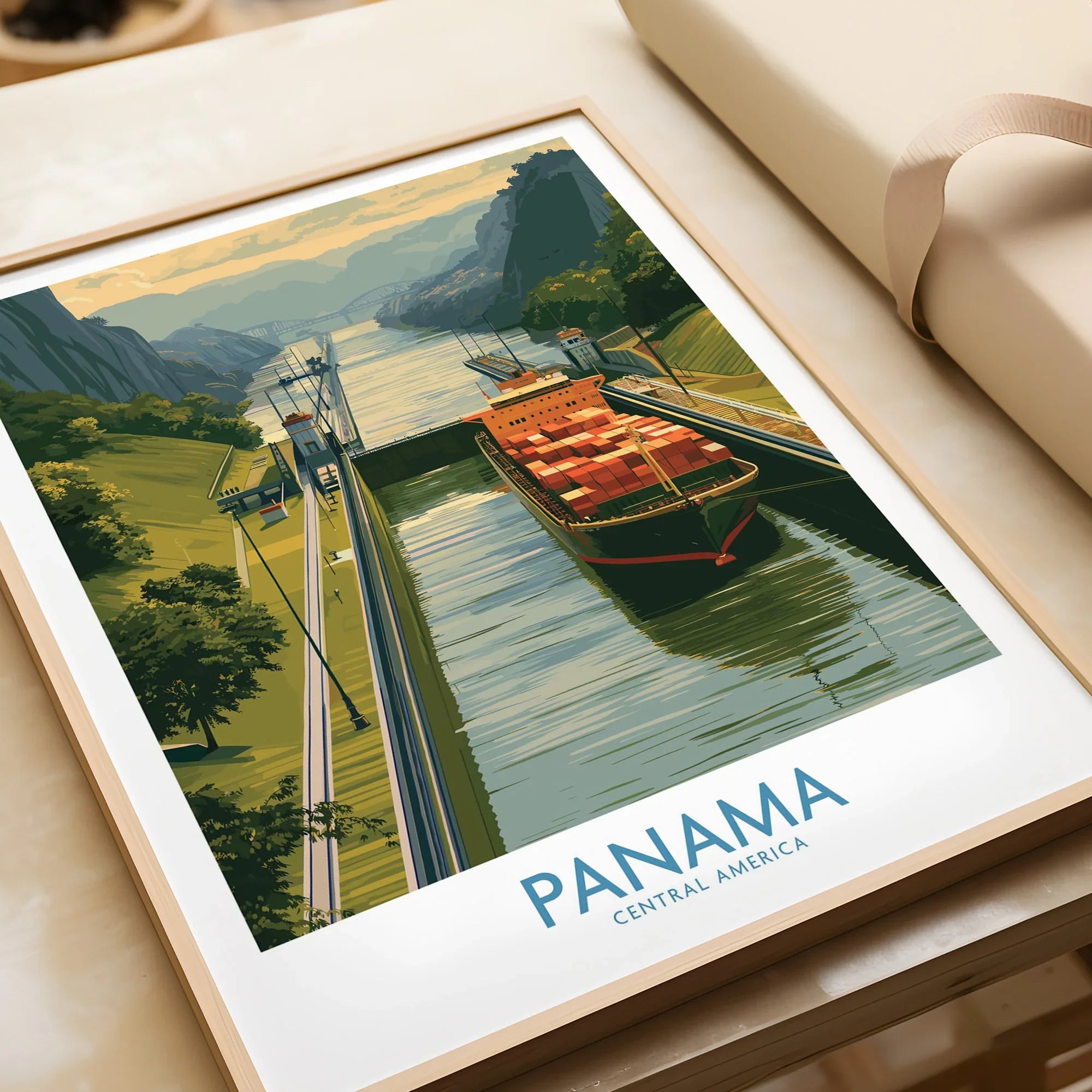 Panama travel poster featuring cargo ship in canal, lush greenery, and Central America scenery