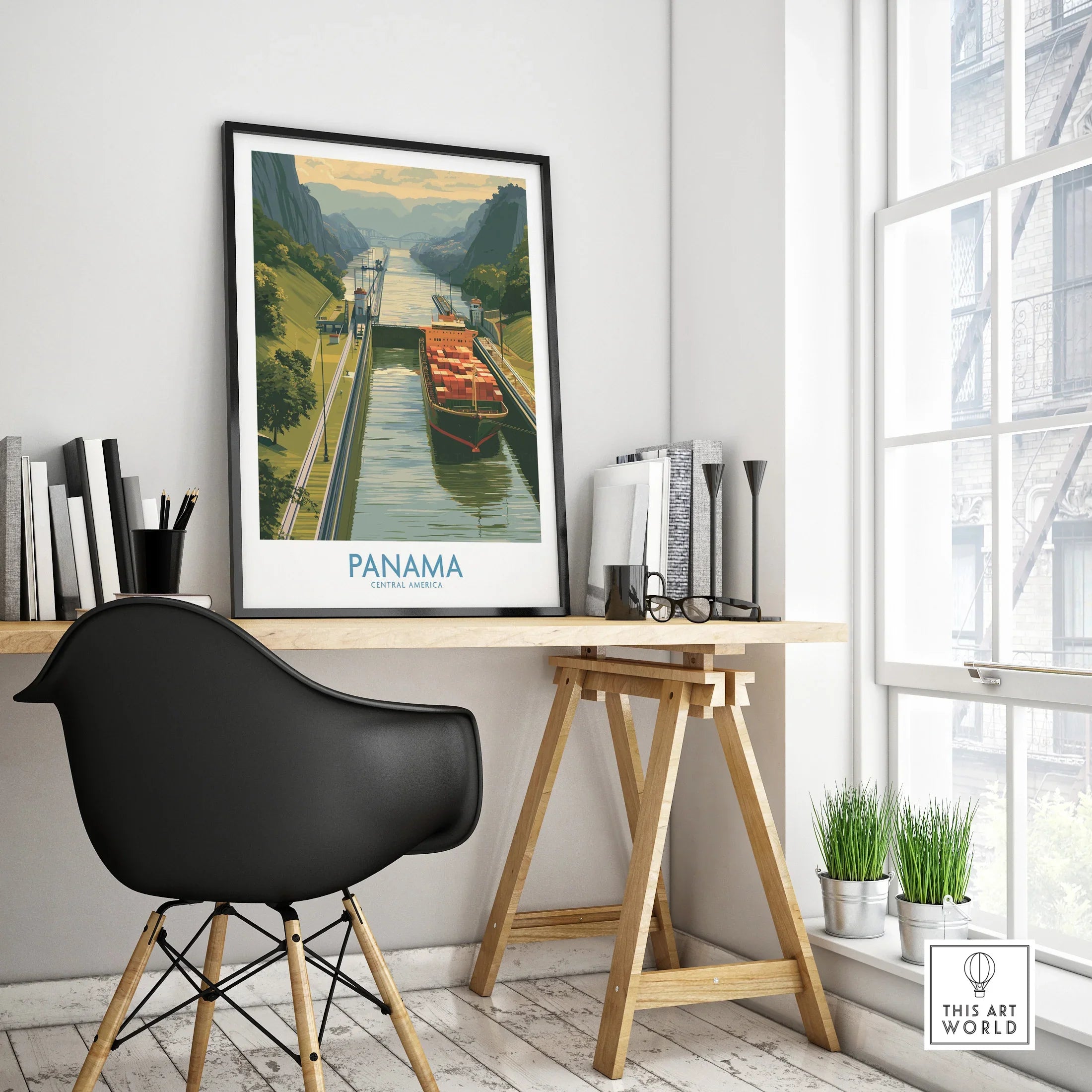 Panama travel poster featuring canal, ship, and lush greenery, displayed in modern home office decor.