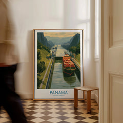 Panama Canal travel poster with cargo ship, lush greenery, and mountain views for home decor
