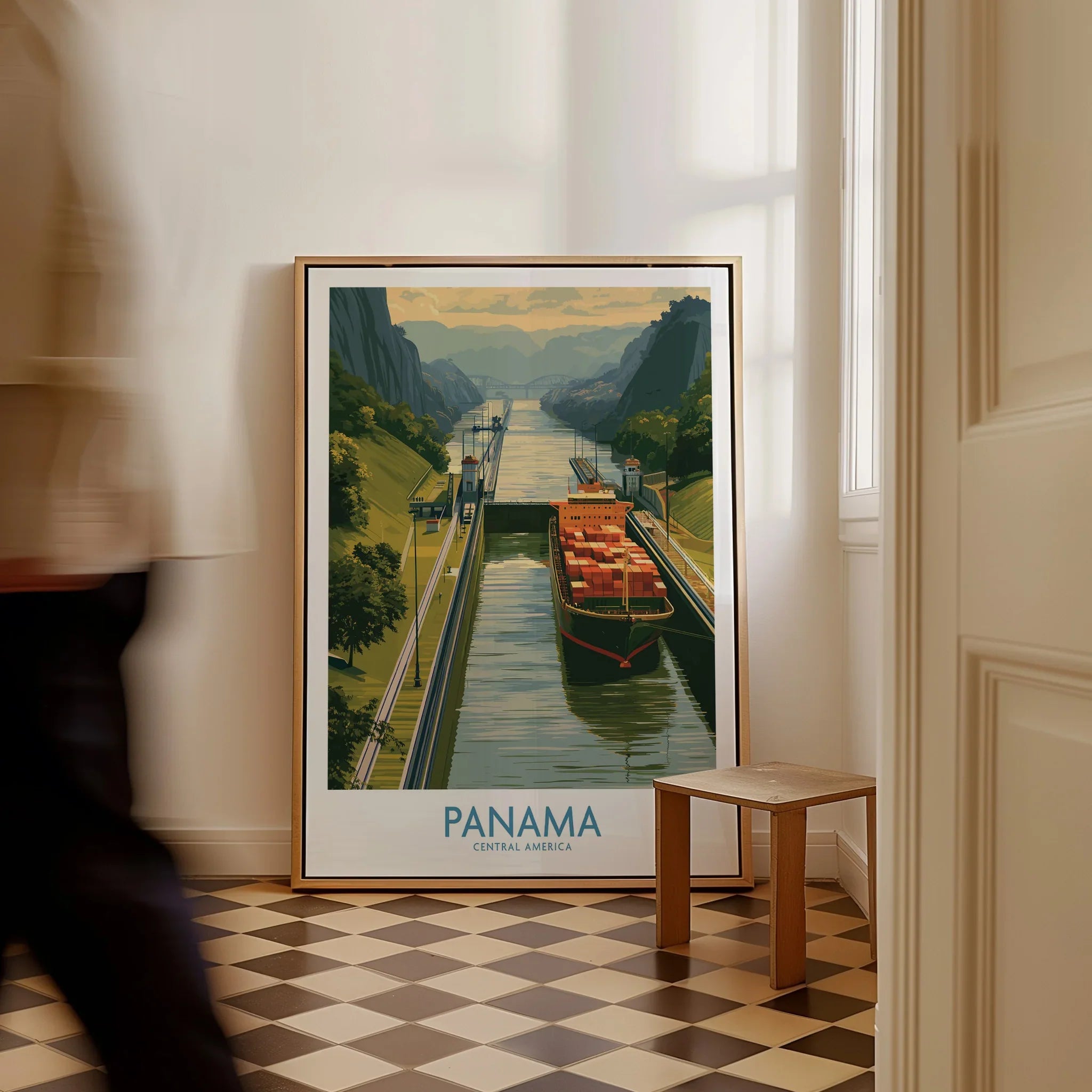 Panama Canal travel poster with cargo ship, lush greenery, and mountain views for home decor