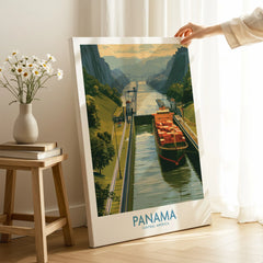 Panama travel poster featuring canal with cargo ship, lush green hills, and bridge — ideal wall art for home decor.