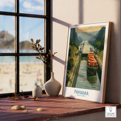 Panama Canal travel poster with cargo ship, ideal for home decor and wall art