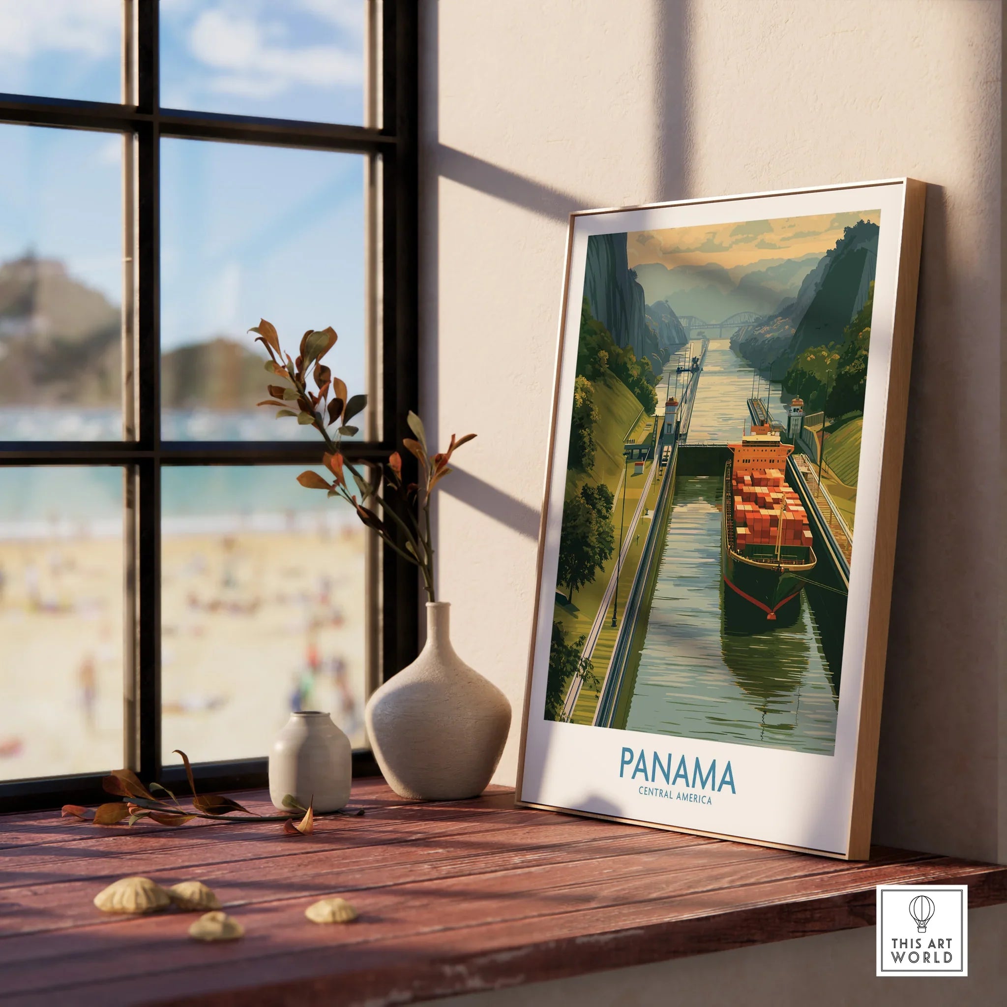 Panama Canal travel poster with cargo ship, ideal for home decor and wall art