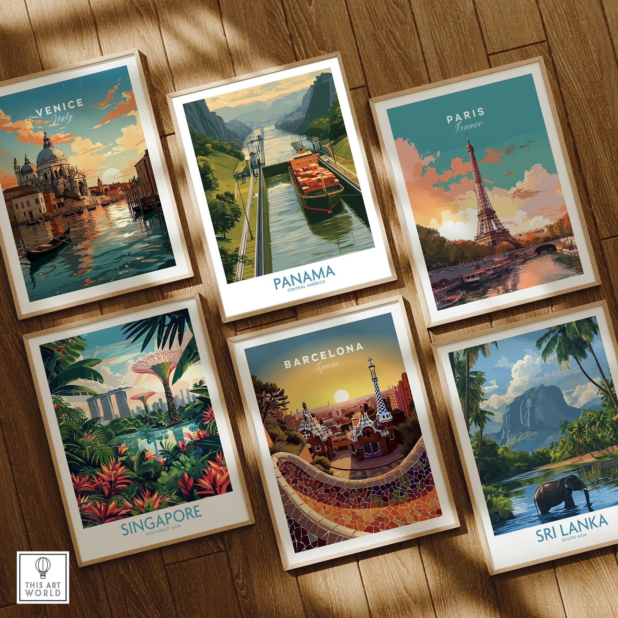 Travel posters of Venice, Panama, Paris, Singapore, Barcelona, Sri Lanka for wall art decor