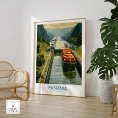 Panama Canal travel poster with cargo ship, lush greenery, and mountain views for home decor