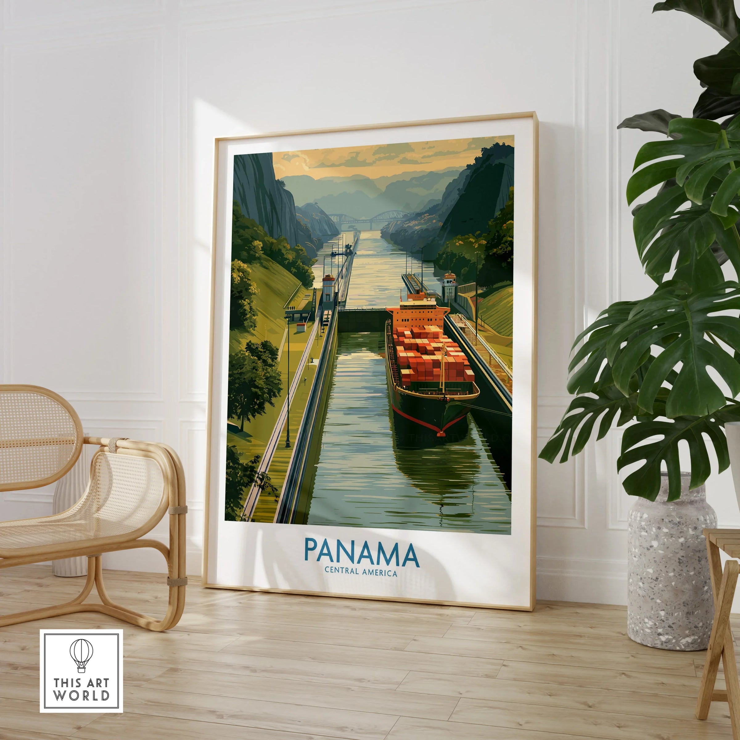 Panama Canal travel poster with cargo ship, lush greenery, and mountain views for home decor
