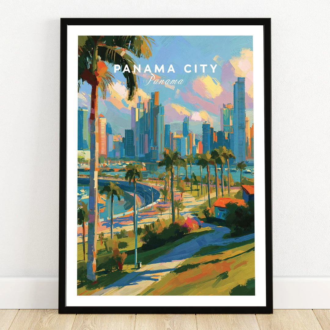 Panama City skyline art print with palm trees and vibrant cityscape for travel poster decor
