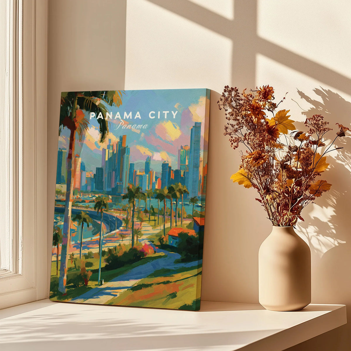 Panama City skyline travel poster with palm trees, vibrant cityscape wall art for home decor