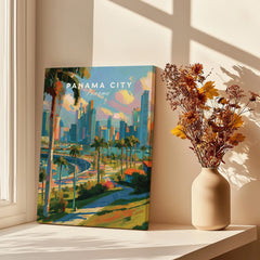 Panama City skyline travel poster with palm trees, vibrant cityscape wall art for home decor