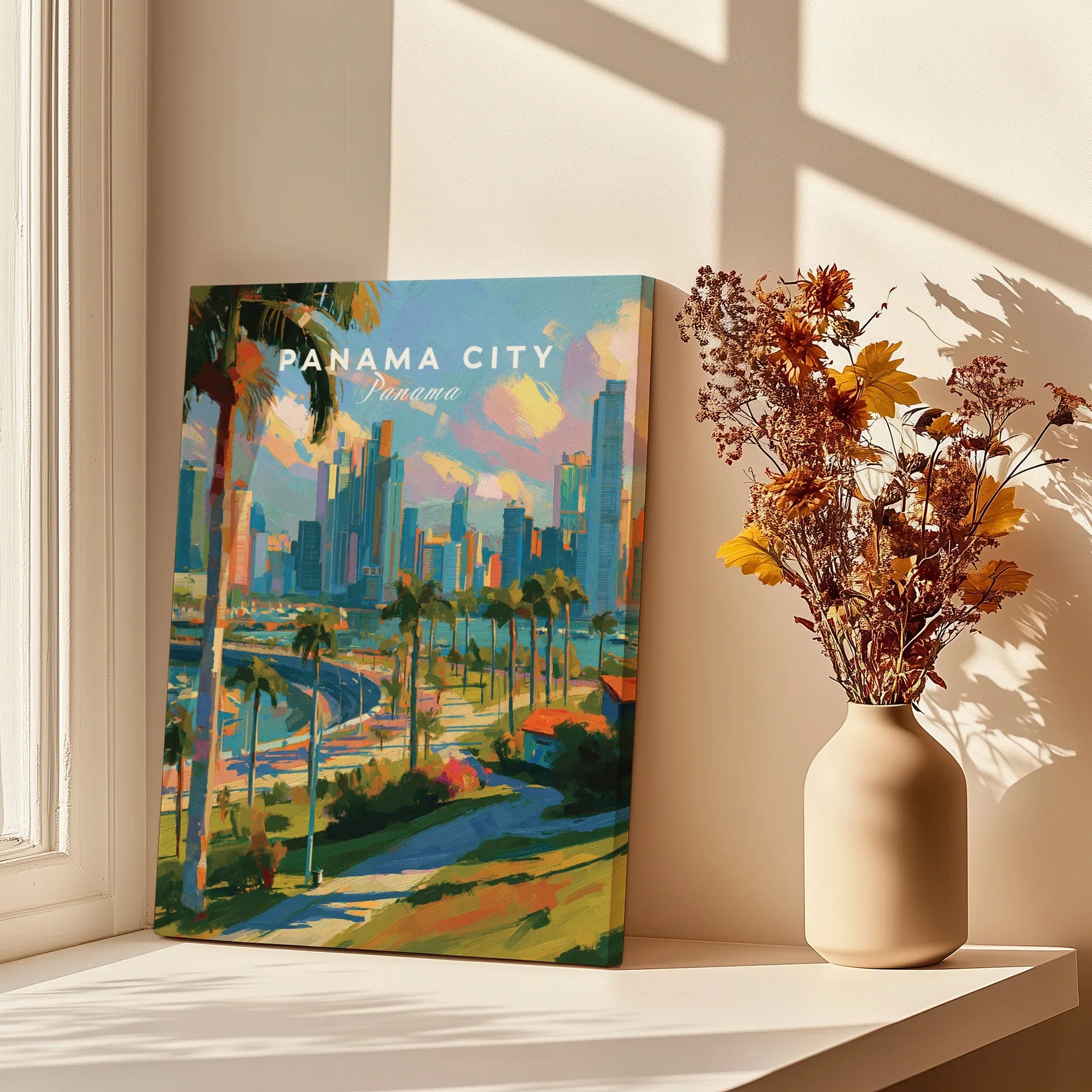 Panama City skyline travel poster with palm trees, vibrant cityscape wall art for home decor