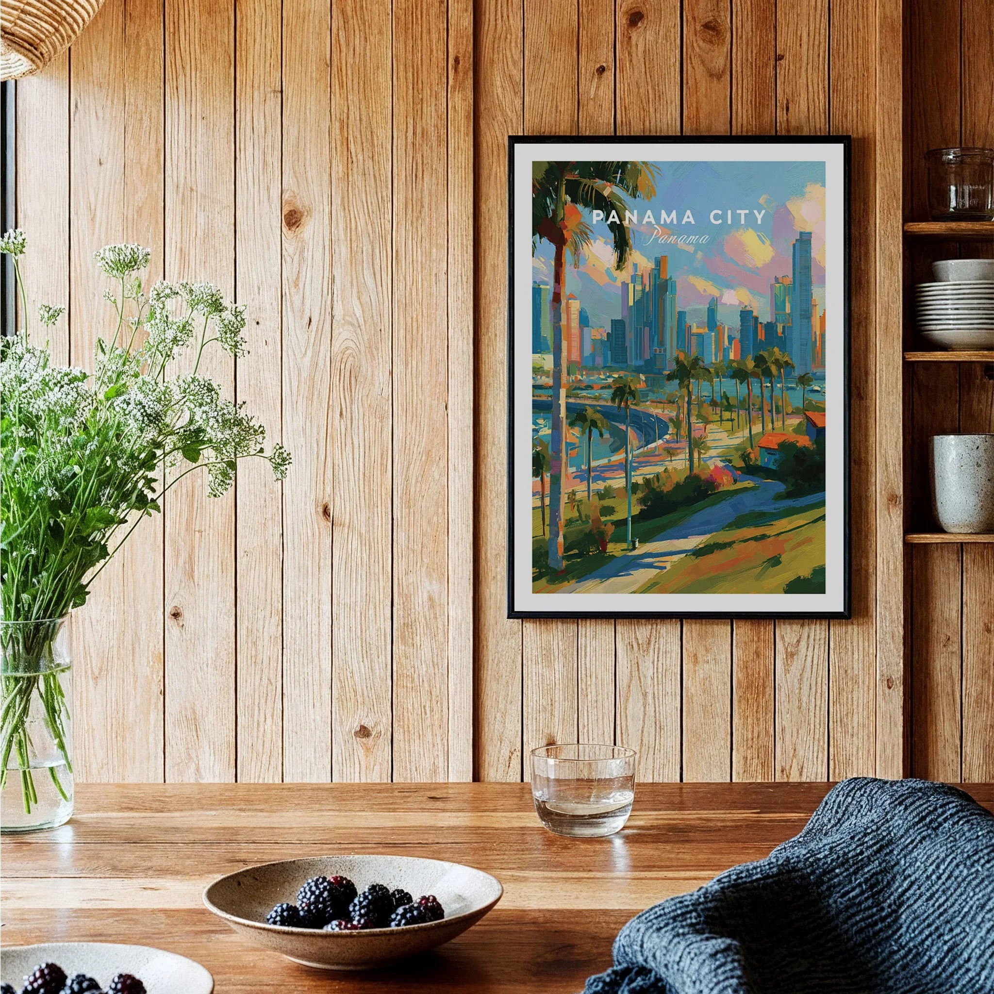 Panama City skyline art print with palm trees, vibrant cityscape, and coastal views for home decor