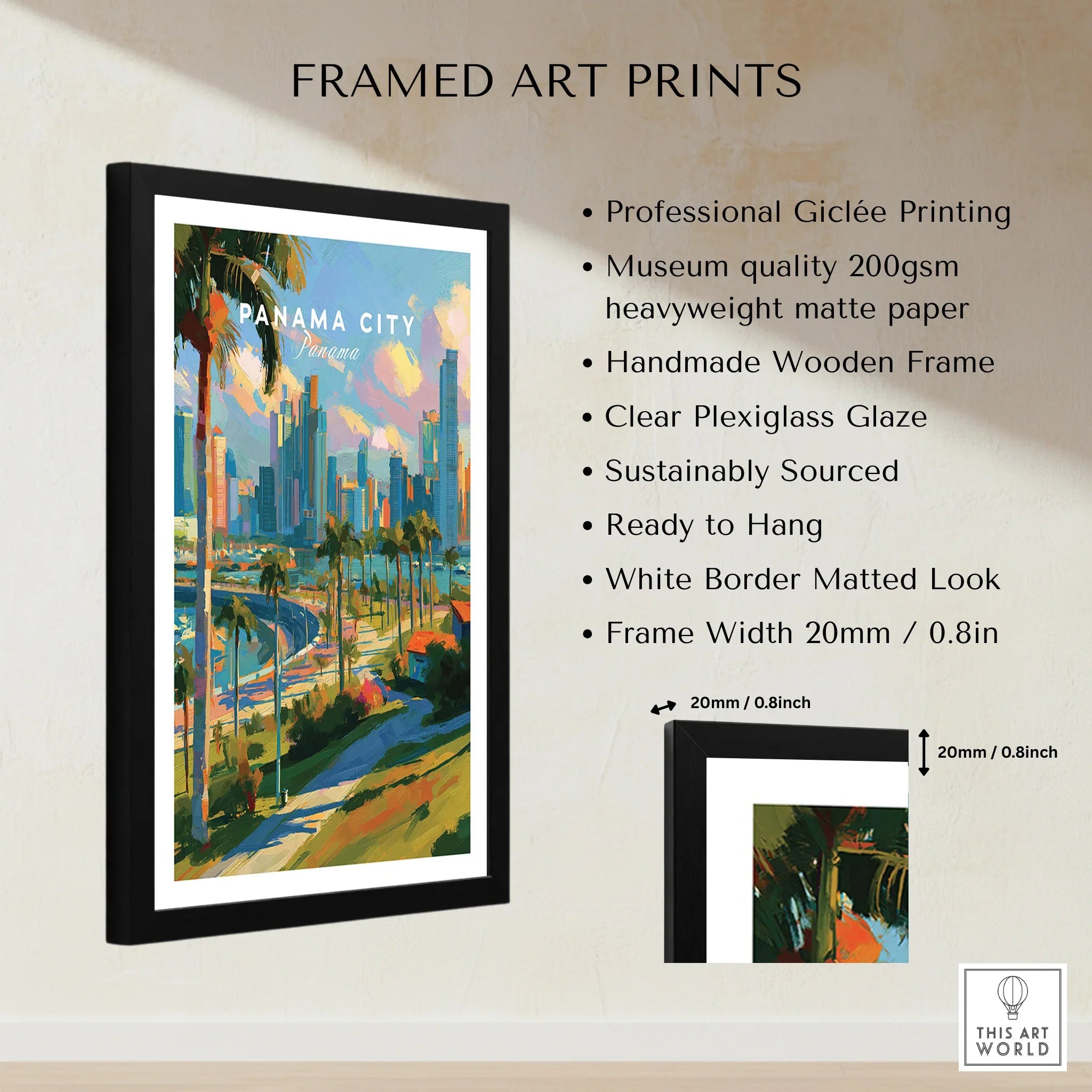 Panama City skyline art print with palm trees, framed wall decor for home