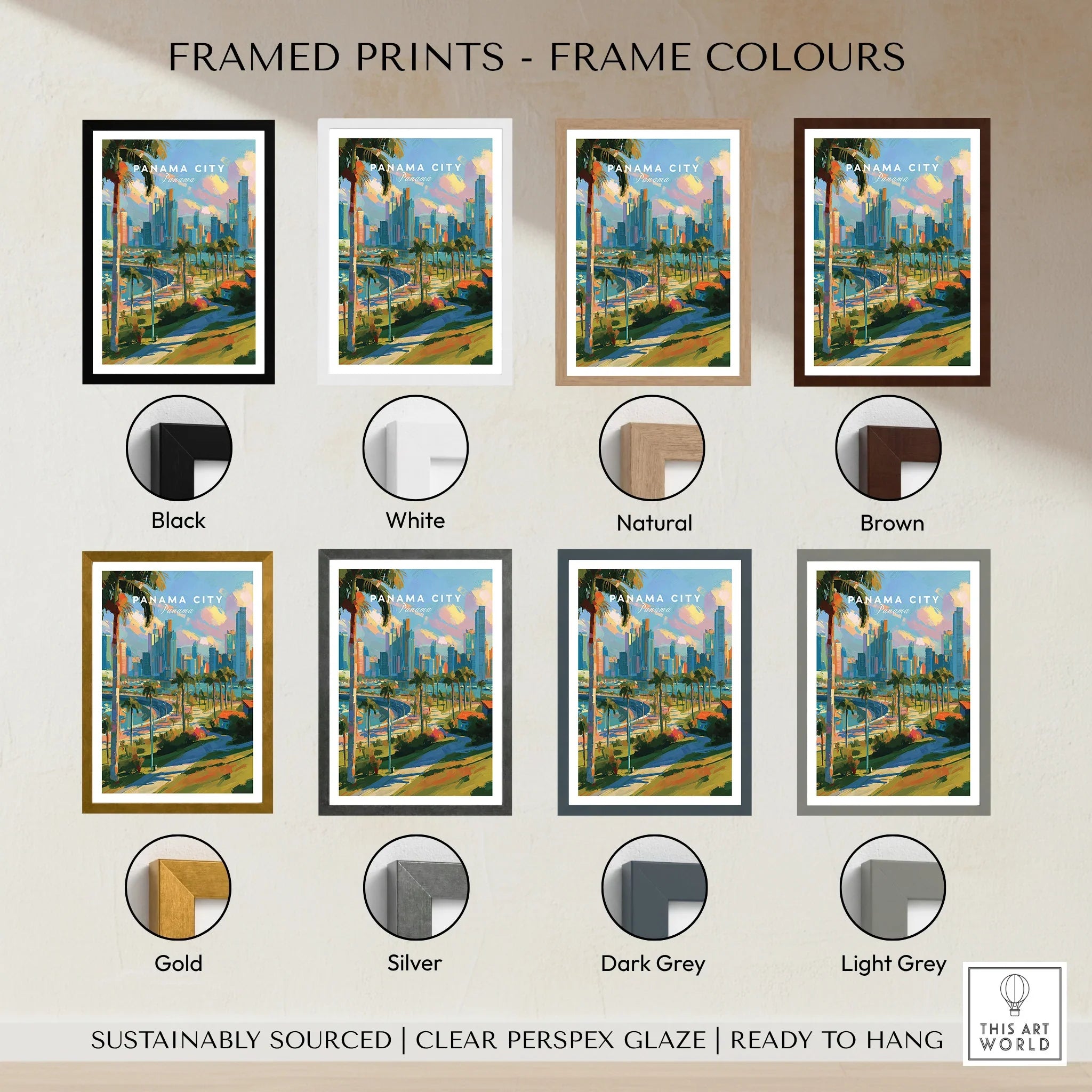Panama City skyline art print in various frame colors for home decor