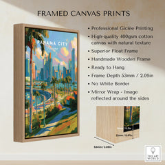 Framed canvas print of Panama City skyline with palm trees, vibrant cityscape art for wall decor