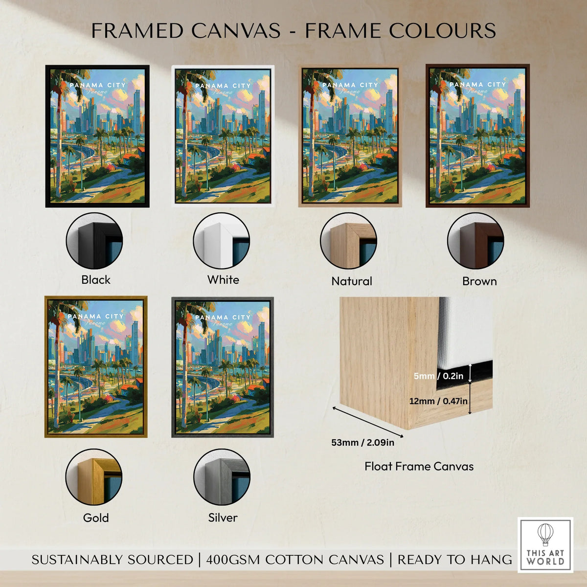 Panama City skyline art in various frame colors, sustainably sourced cotton canvas, ready to hang
