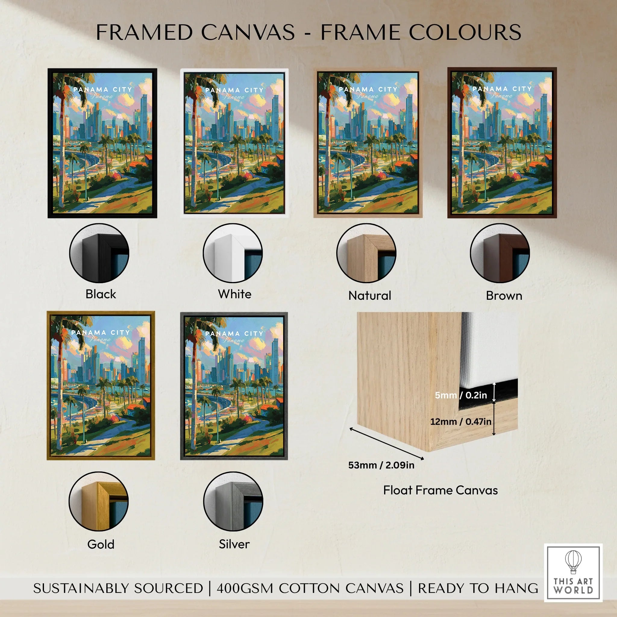 Panama City skyline art in various frame colors, sustainably sourced cotton canvas, ready to hang