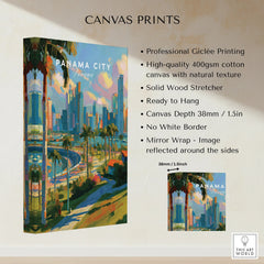 Panama City skyline canvas print with palm trees and vibrant colors, ideal for travel-themed wall art.