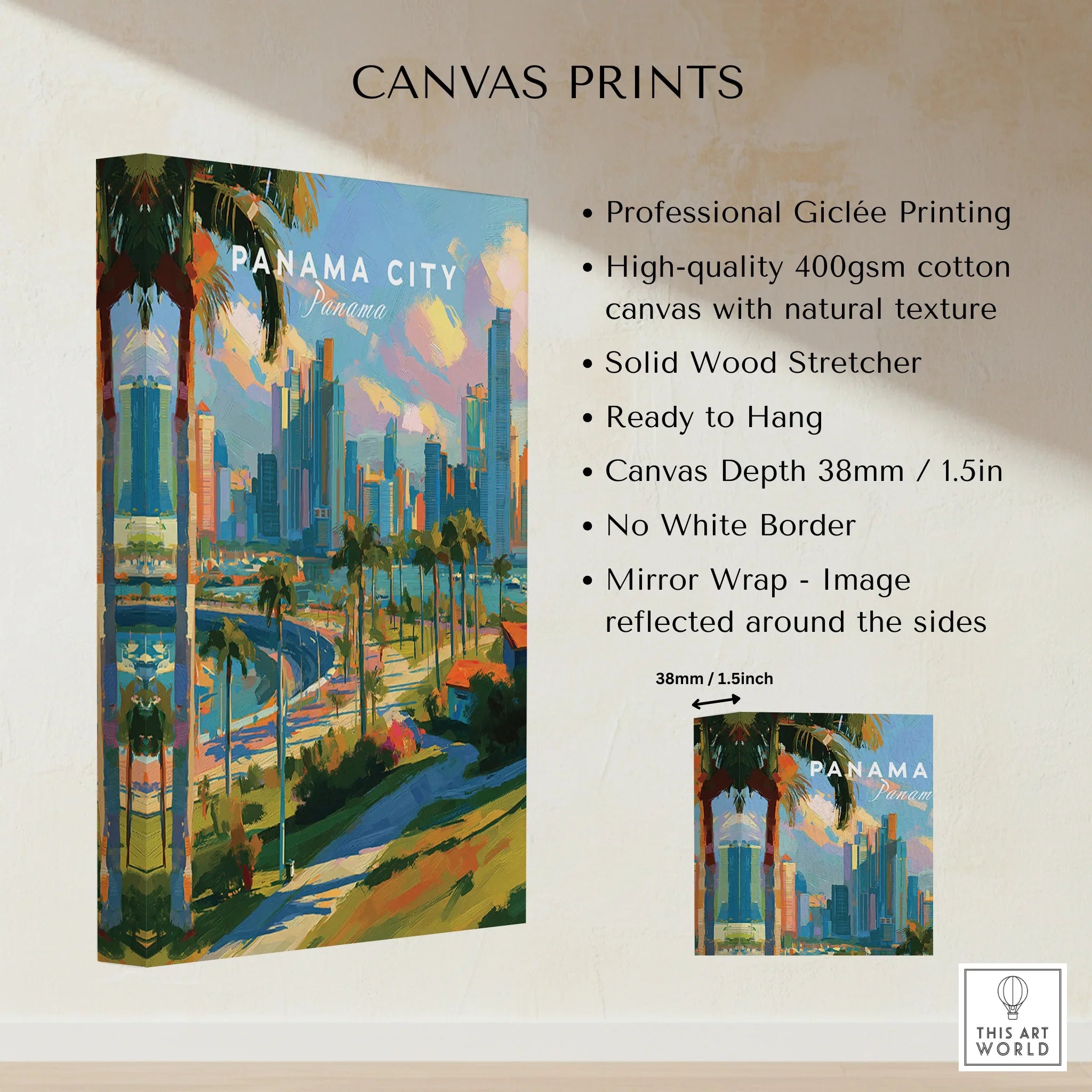 Panama City skyline canvas print with palm trees and vibrant colors, ideal for travel-themed wall art.