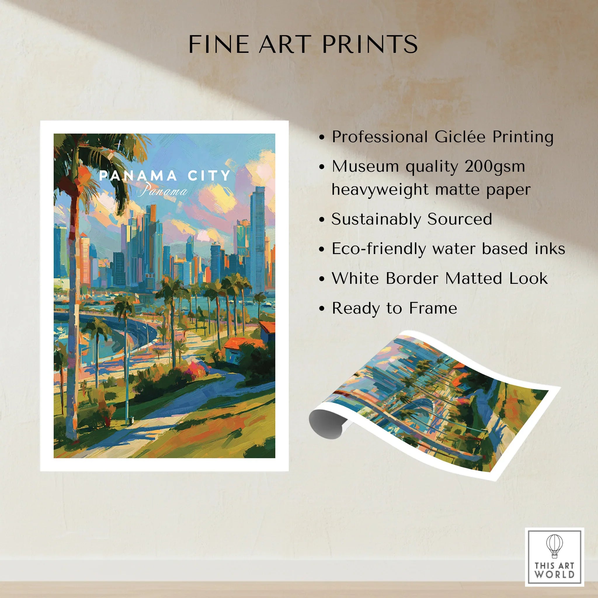 Panama City skyline travel poster with palm trees, fine art print ready to frame, vibrant cityscape wall art
