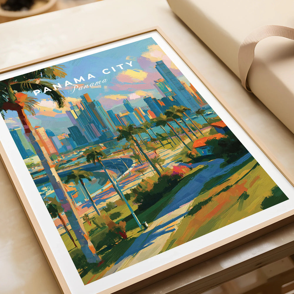Vibrant Panama City skyline art print with palm trees and colorful cityscape for home decor