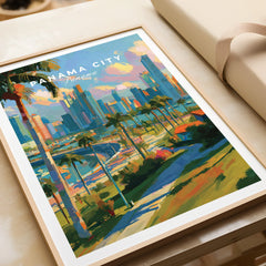 Vibrant Panama City skyline art print with palm trees and colorful cityscape for home decor