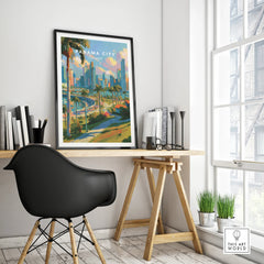 Panama City travel poster with skyline, palm trees, and vibrant colors for home decor