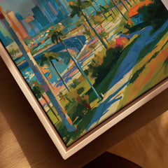 Vibrant city skyline wall art with palm trees and colorful urban landscape for home decor