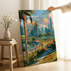 Vibrant Panama City skyline wall art with palm trees and colorful cityscape for home decor