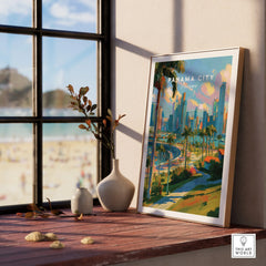 Panama City skyline travel poster with palm trees, framed wall art for home decor near beach window
