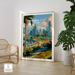Vibrant Panama City skyline art print with palm trees, perfect for travel-themed wall decor.