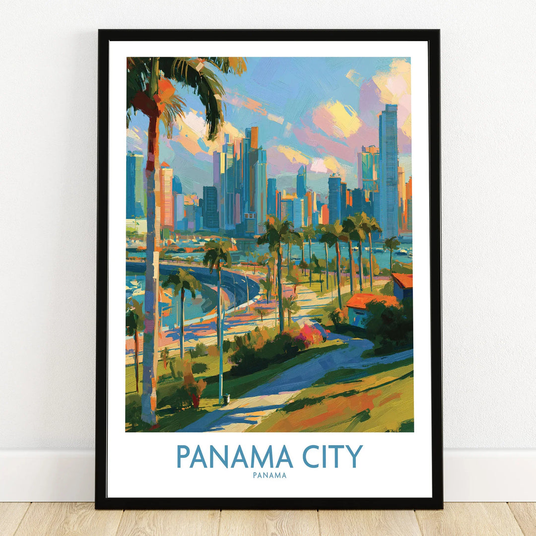 Vibrant Panama City skyline art print with palm trees and coastal views, perfect for travel-themed wall decor.