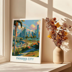 Panama City skyline travel poster with palm trees, vibrant cityscape art for home decor, displayed on windowsill