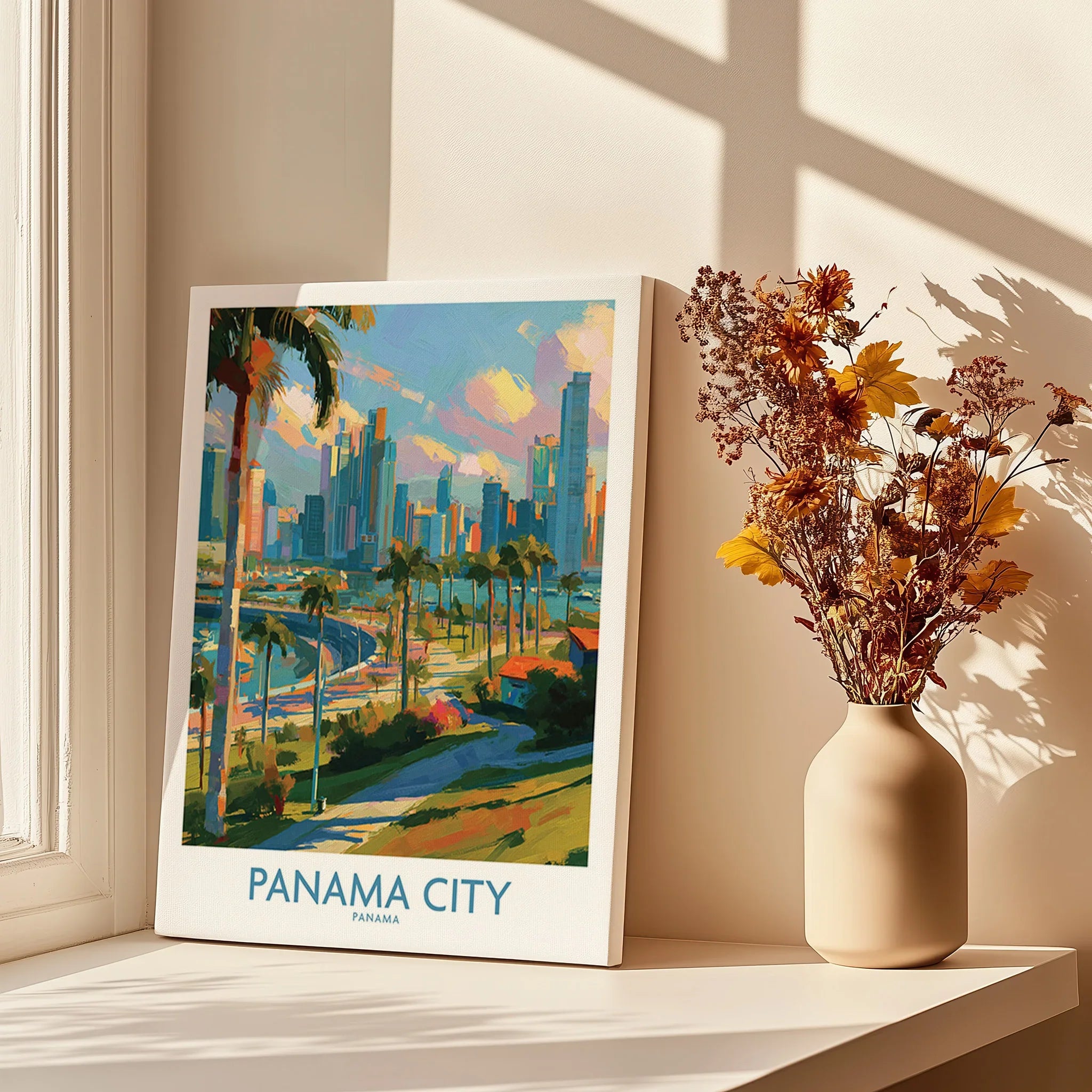 Panama City skyline travel poster with palm trees, vibrant cityscape art for home decor, displayed on windowsill
