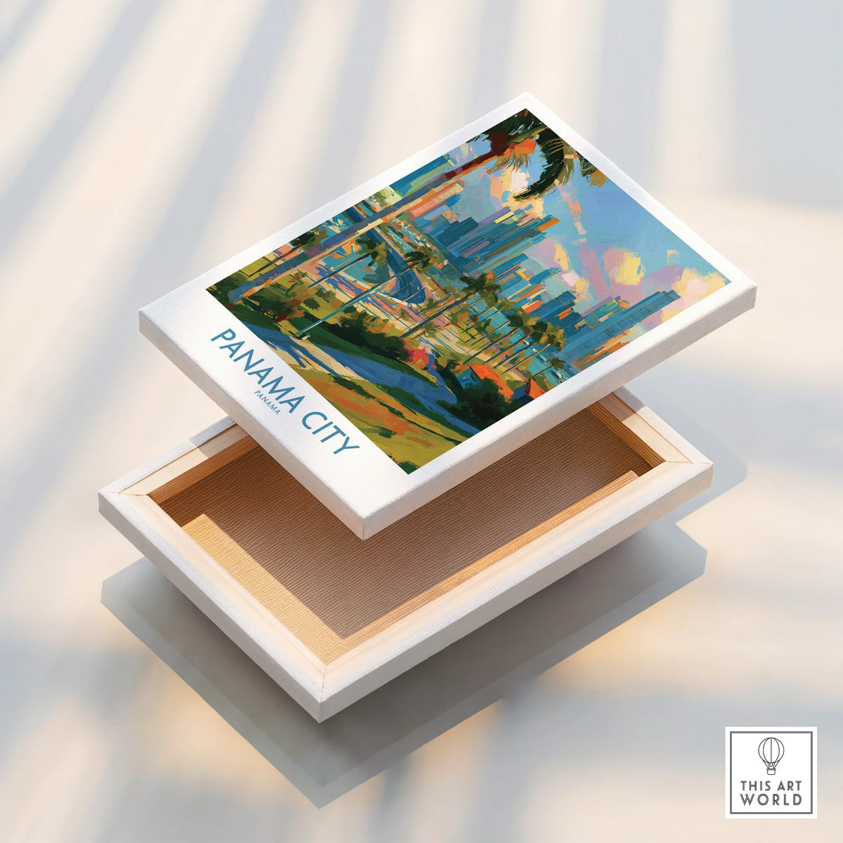 Panama City travel poster with vibrant skyline and palm trees, perfect for wall art decor