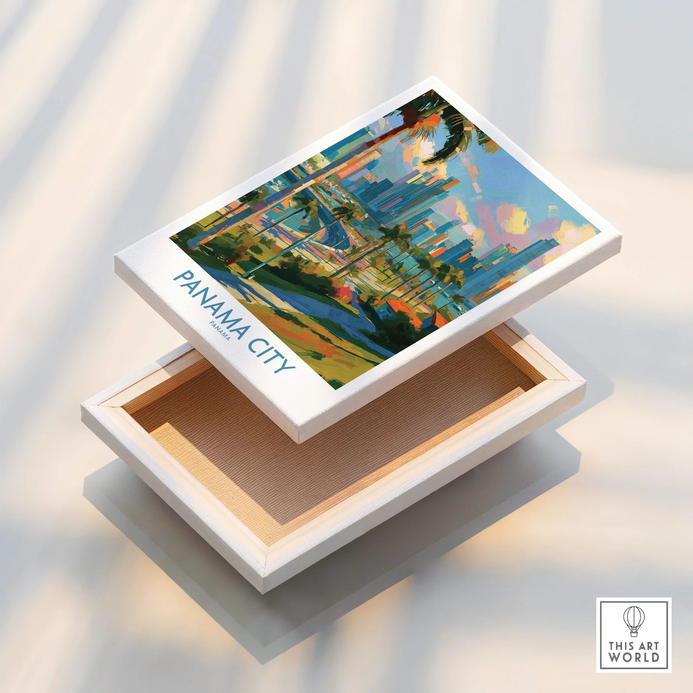 Panama City travel poster with vibrant skyline and palm trees, perfect for wall art decor