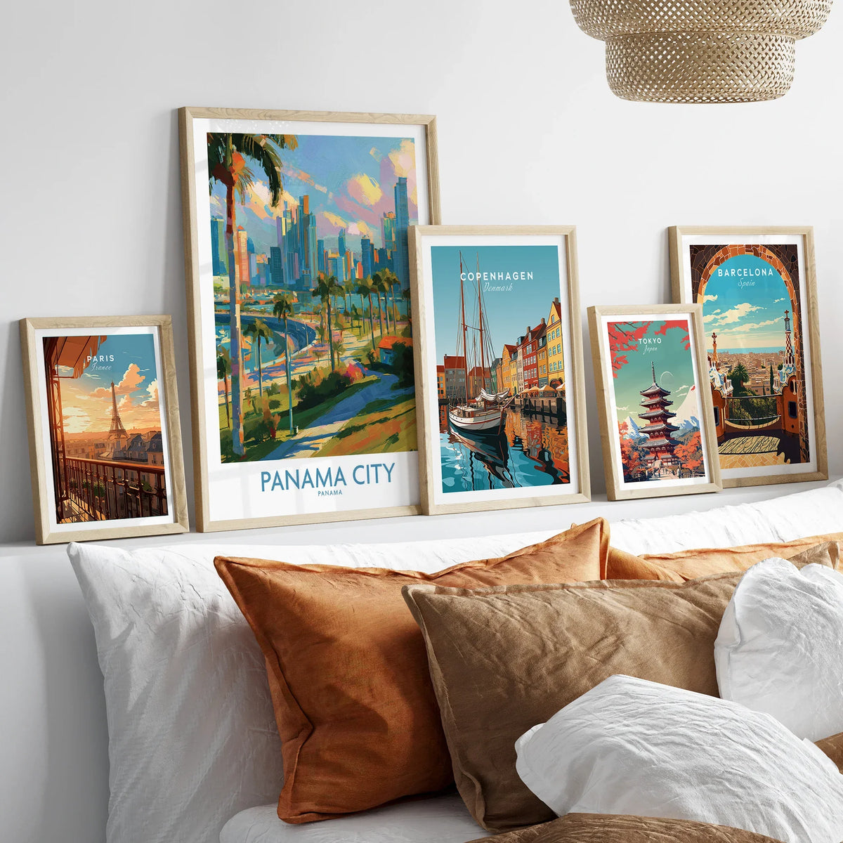Travel posters of Paris, Panama City, Copenhagen, Tokyo, and Barcelona for home decor