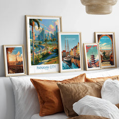 Travel posters of Paris, Panama City, Copenhagen, Tokyo, and Barcelona for home decor