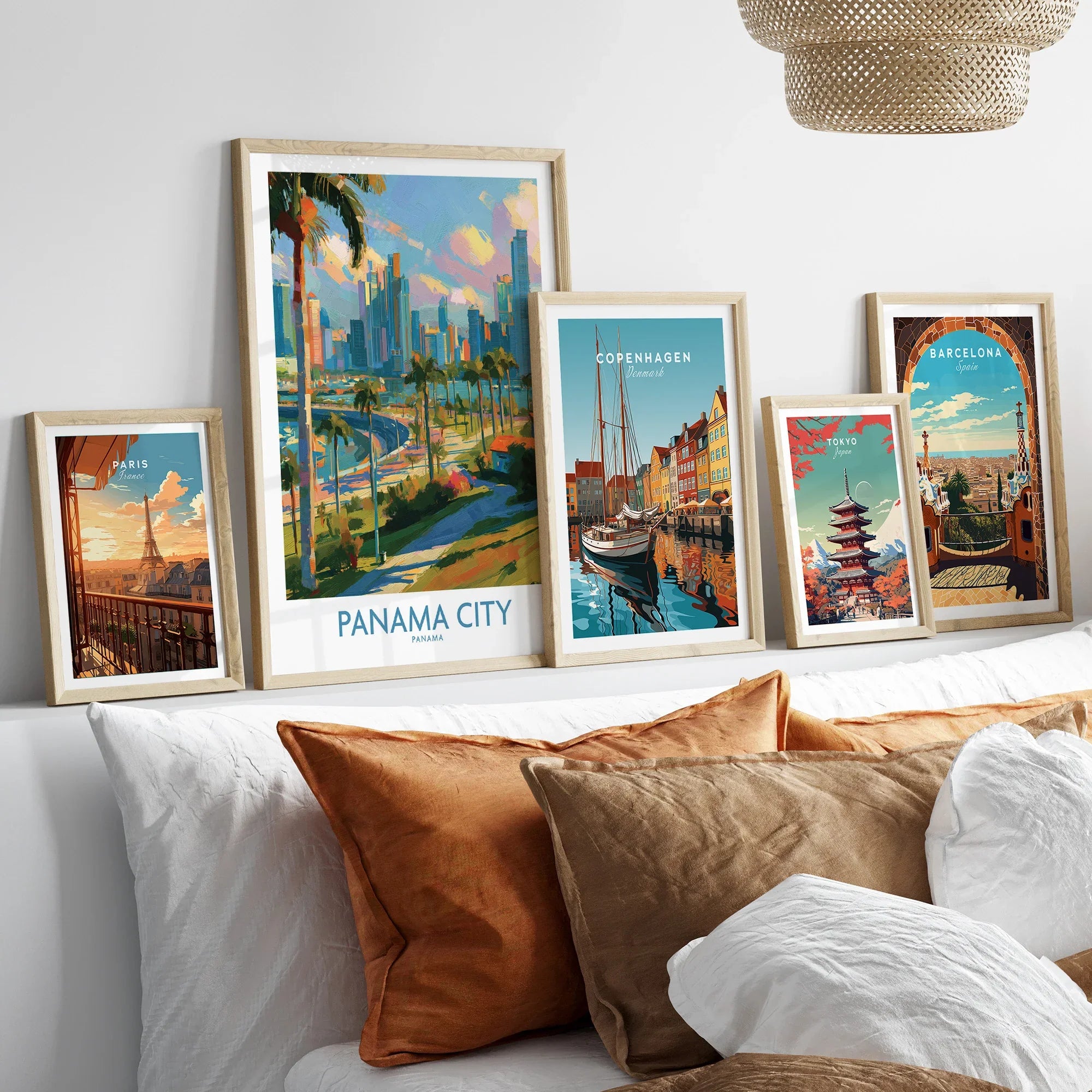 Travel posters of Paris, Panama City, Copenhagen, Tokyo, and Barcelona for home decor
