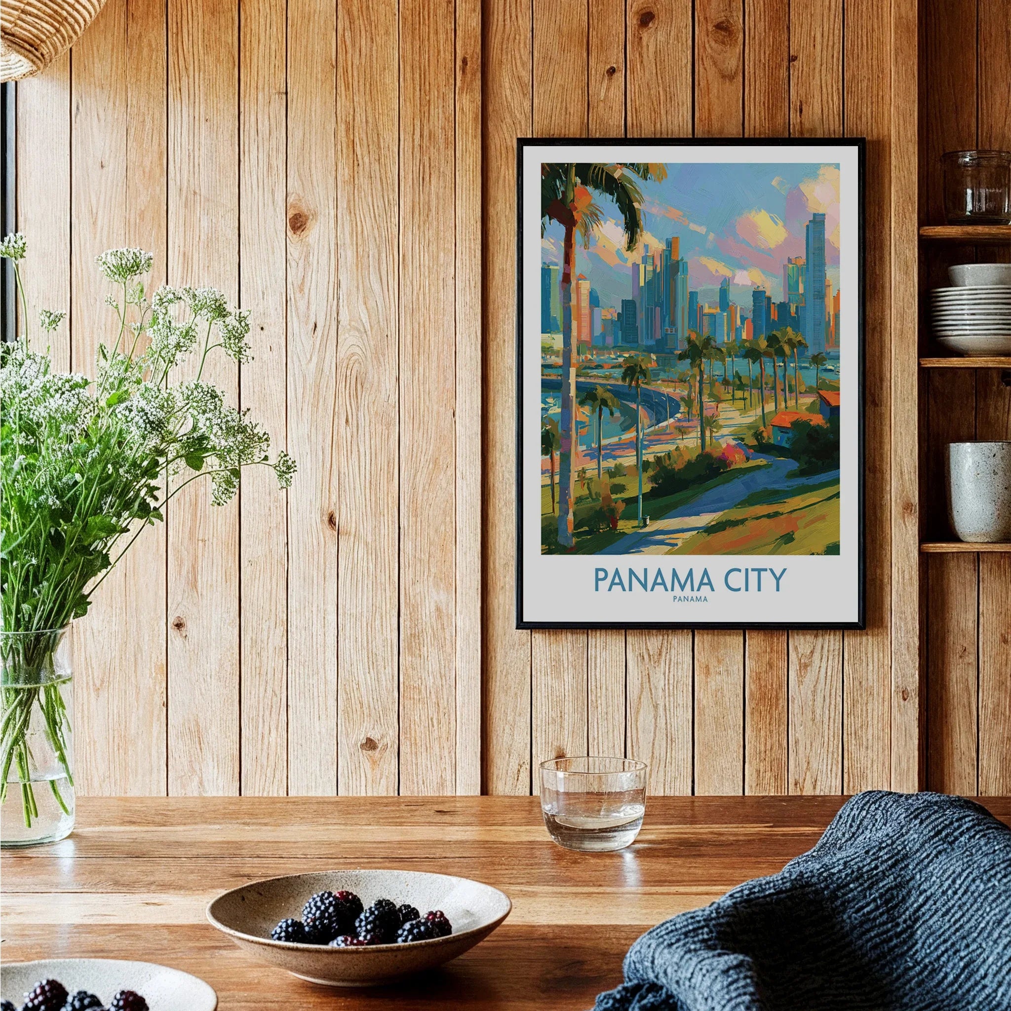 Panama City skyline art print with palm trees, vibrant cityscape wall decor for modern home interiors