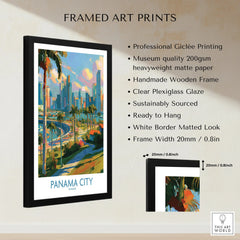Framed Panama City travel poster with skyline, palm trees, and vibrant colors for wall art decor
