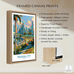 Framed canvas print of Panama City skyline with palm trees, vibrant travel poster art for wall decor