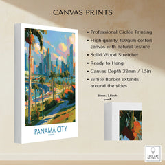 Panama City skyline canvas print with palm trees, vibrant colors, and white border for modern home decor