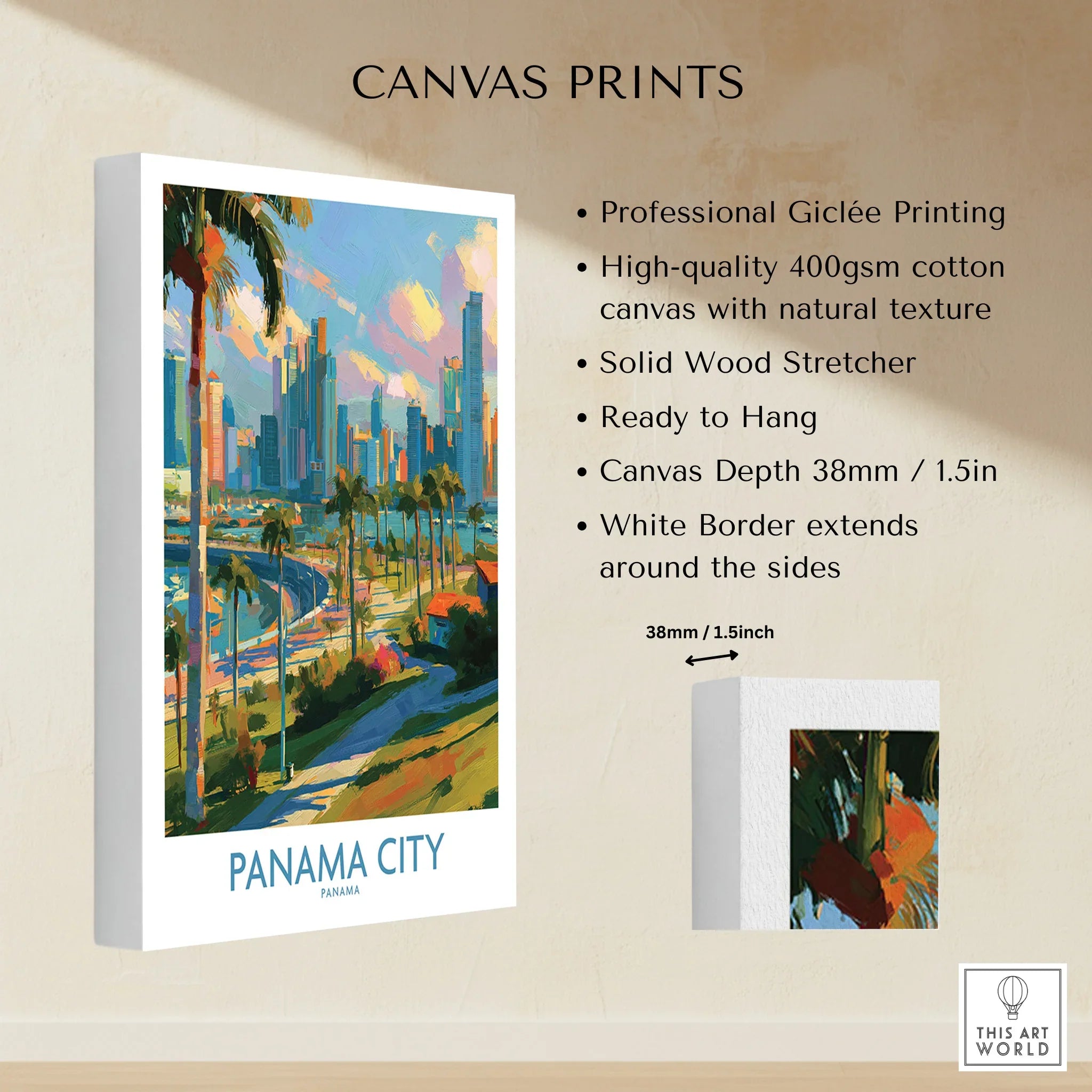 Panama City skyline canvas print with palm trees, vibrant colors, and white border for modern home decor