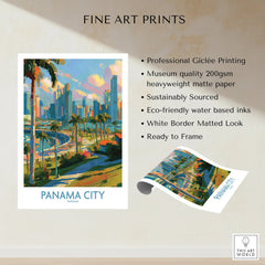 Panama City skyline art print with palm trees, vibrant colors, and white border — ready to frame travel wall decor
