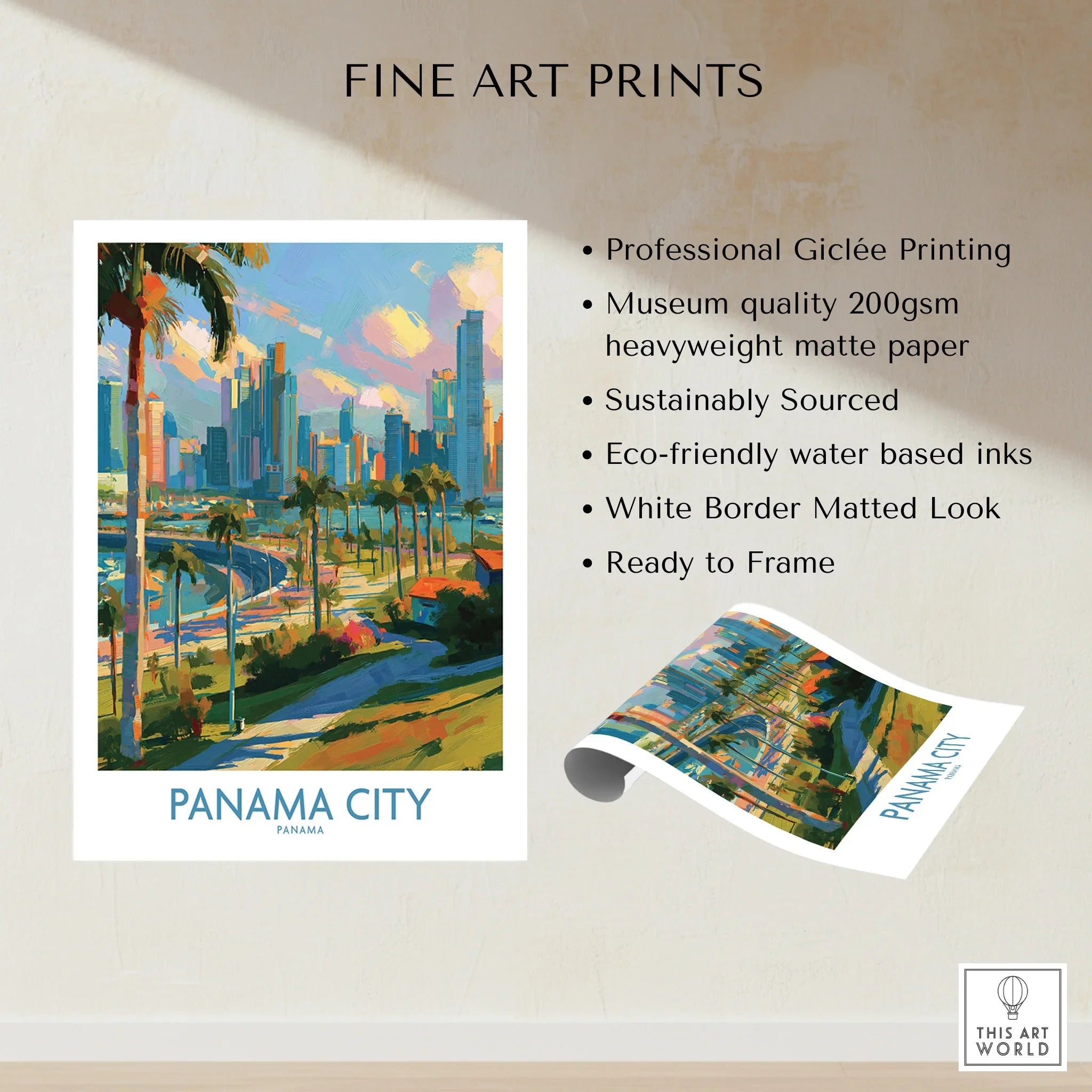 Panama City skyline art print with palm trees, vibrant colors, and white border — ready to frame travel wall decor